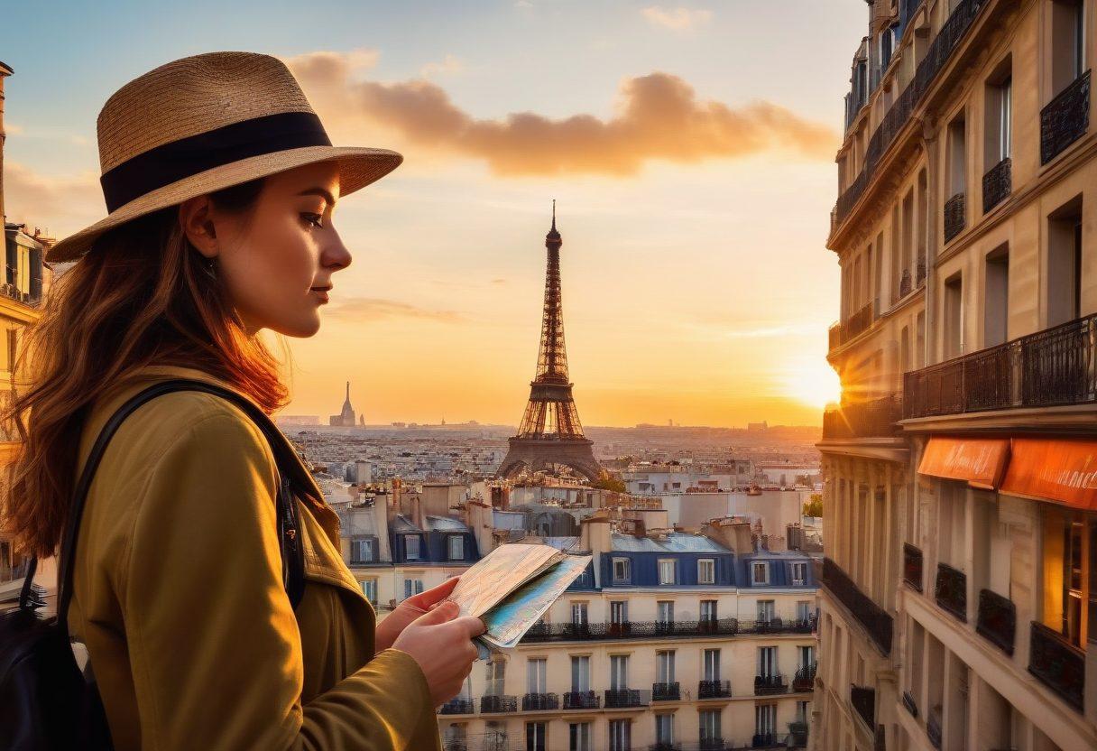 An elegant illustration of a vibrant Paris skyline at sunset, featuring the Eiffel Tower, charming cafes, and bustling streets. Include a chic, fashionable traveler with a map and camera, excitedly exploring the city. Emphasize iconic Parisian elements such as street artists, croissants, and historical buildings. painting. vibrant colors. stylish and sophisticated.
